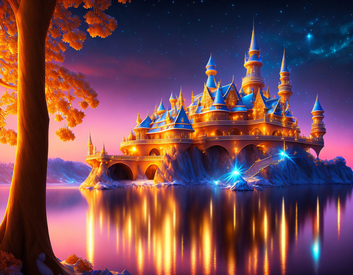 Golden castle with spires beside orange tree, reflecting in water under starry night sky