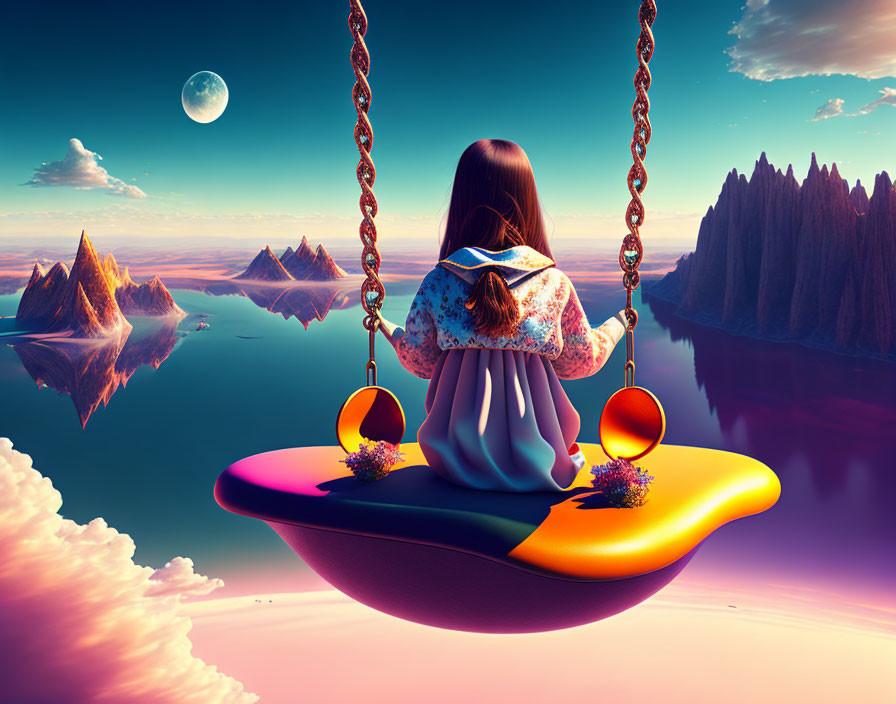 Surreal flying swing over alien sea with floating mountains