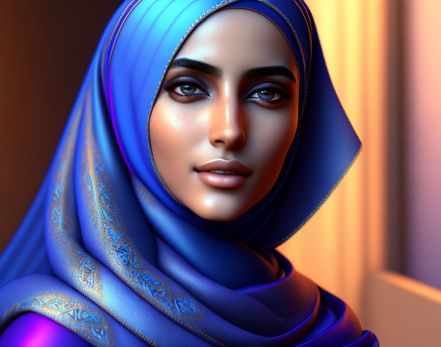 Digital artwork of woman in ornate blue hijab under warm light