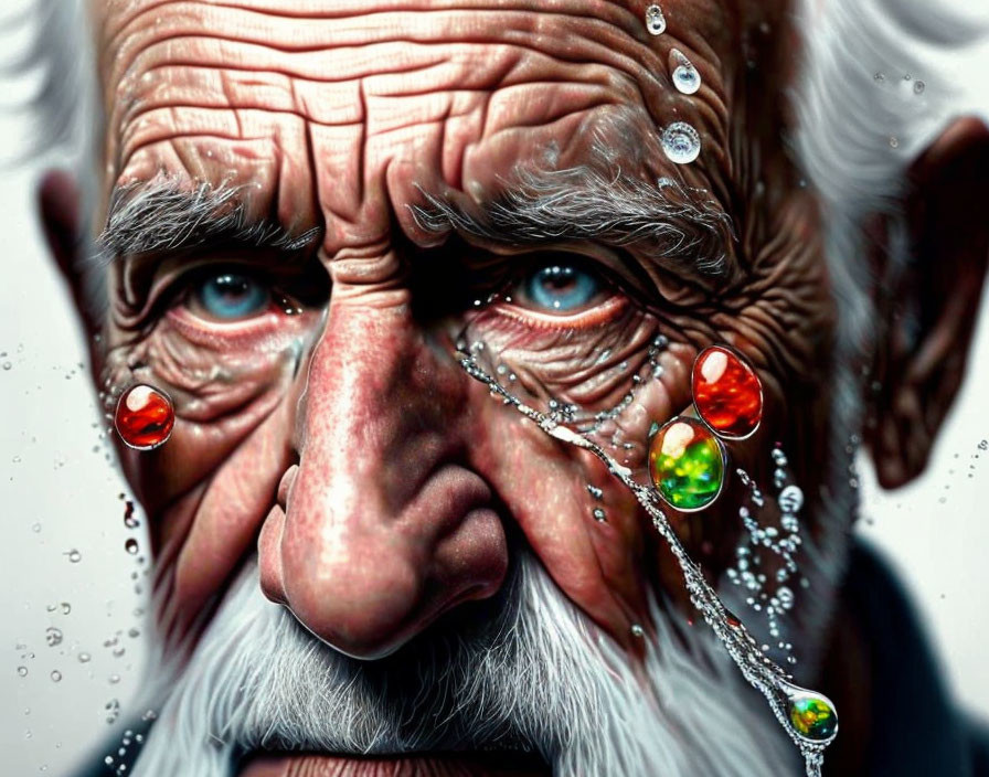 Elderly man with deep blue eyes and colorful water droplets on his face