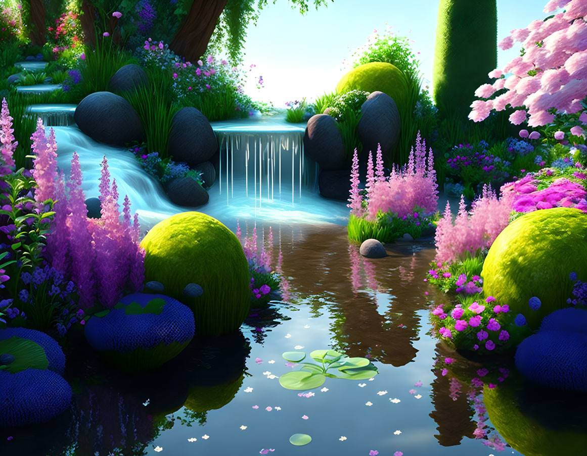 Tranquil pond with waterfall, flowers, mossy stones & lush greenery