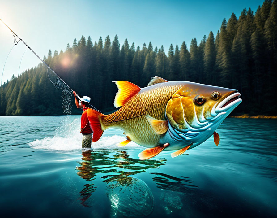 Surreal image of person in red fishing giant fish on water with forest background