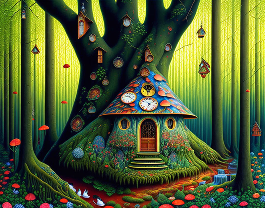 Colorful Treehouse Illustration Surrounded by Forest and Clock Face