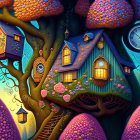 Vibrant fantasy forest with mushroom-shaped houses and clocks