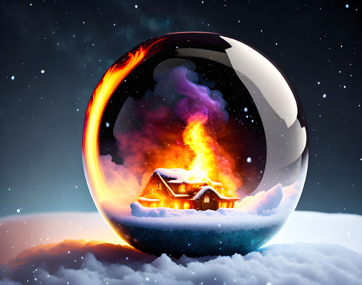 Crystal Ball Snow Scene: Fiery Comet Over Cozy Winter House
