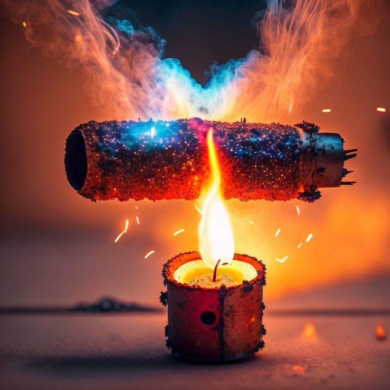 Vibrant blue smoke and sparks on candle flame against orange backdrop