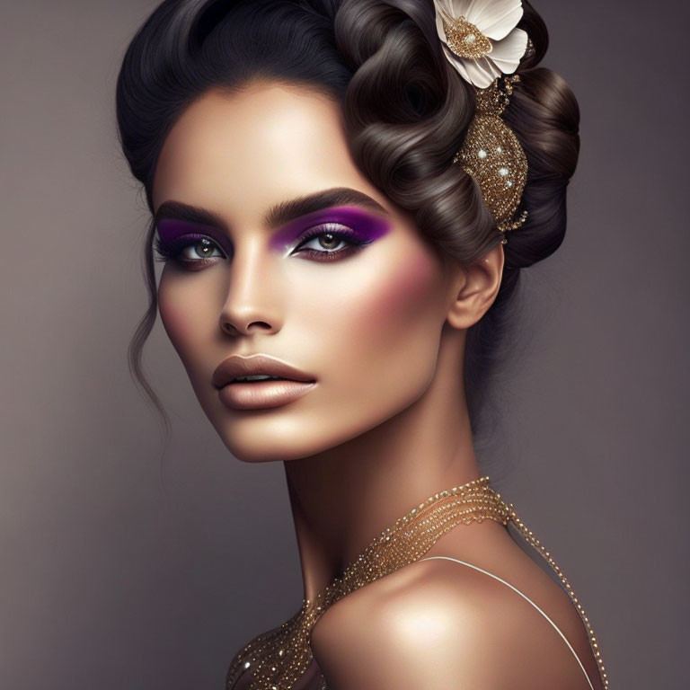 Stylish woman with gold jewelry and purple eye makeup