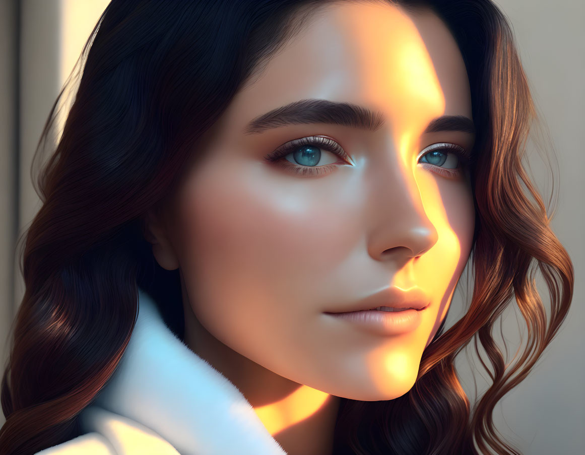 Digital portrait of woman with blue eyes, dark hair, fair skin, in soft lighting, white shirt