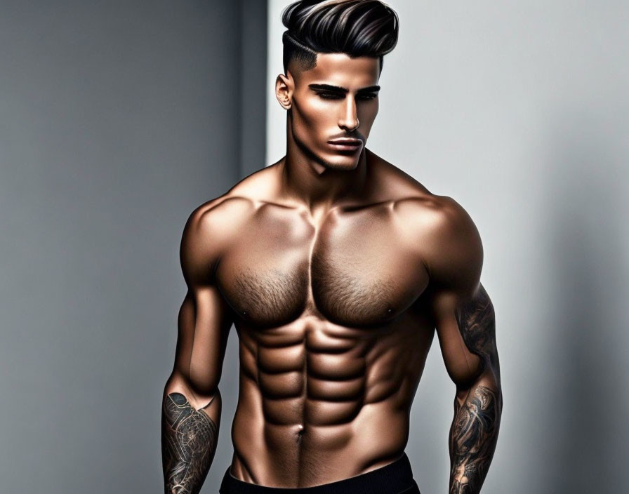 Muscular man with six-pack, tattoos, stylish haircut, and beard.