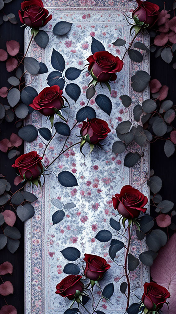 Red roses and dark leaves on floral lace fabric against dark background