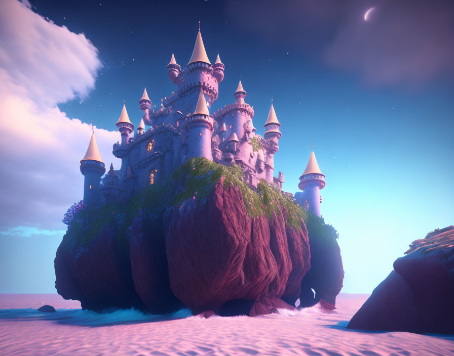 Castle with multiple spires on cliff overlooking sea at twilight