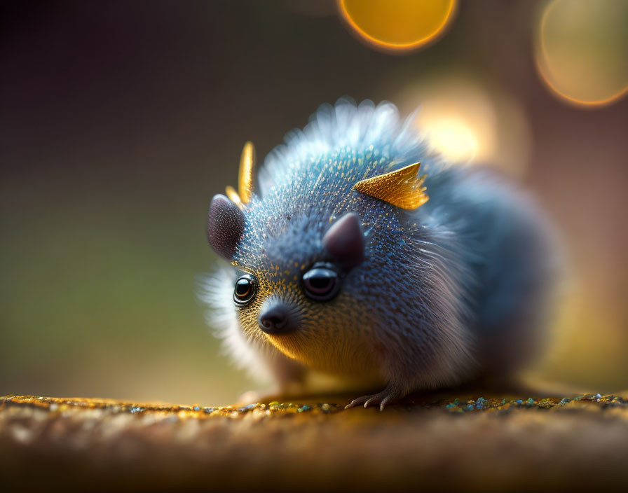 Miniature blue creature with fur, large eyes, and golden accents