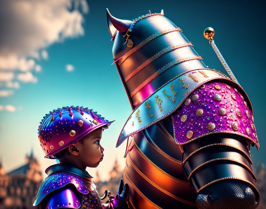 Child in studded helmet gazes at towering figure in gem-studded armor