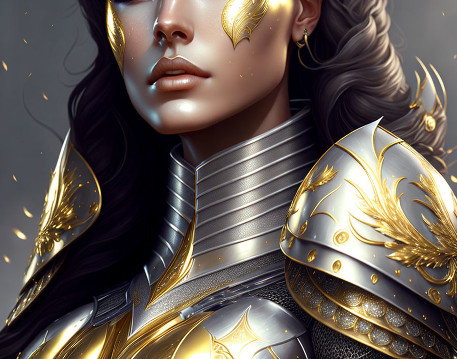 Digital artwork of a woman in ornate golden armor with feather-like designs