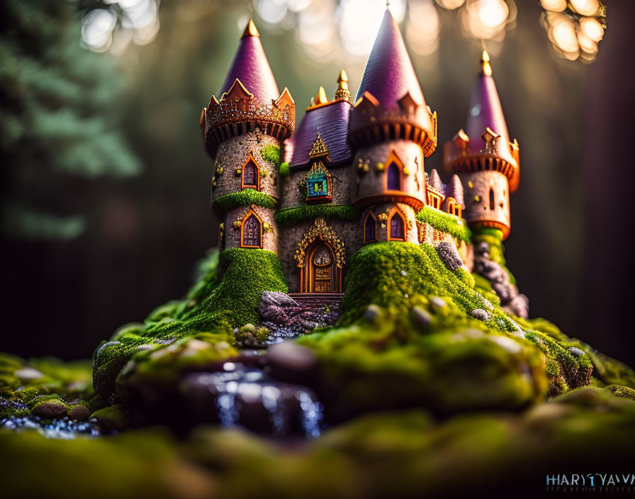 Miniature fairy-tale castle with purple spires on moss-covered hillock