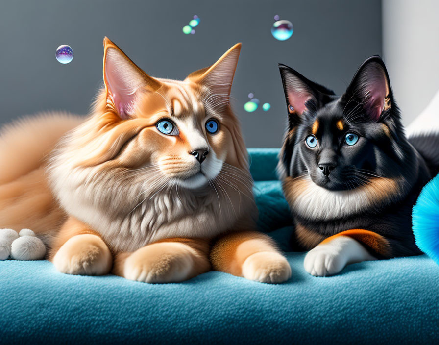 Stylized anthropomorphic cats with blue eyes on blue surface with bubbles