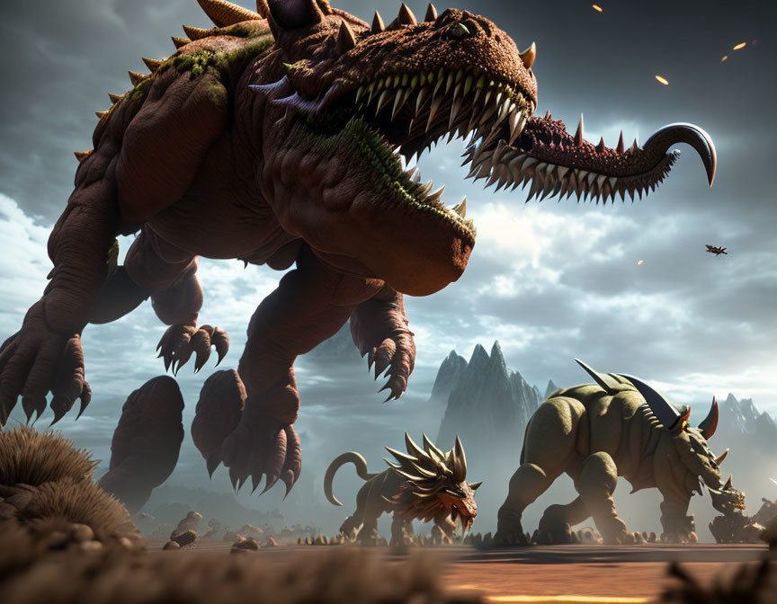 Detailed digital illustration of fierce dinosaur-like creatures under dramatic sky