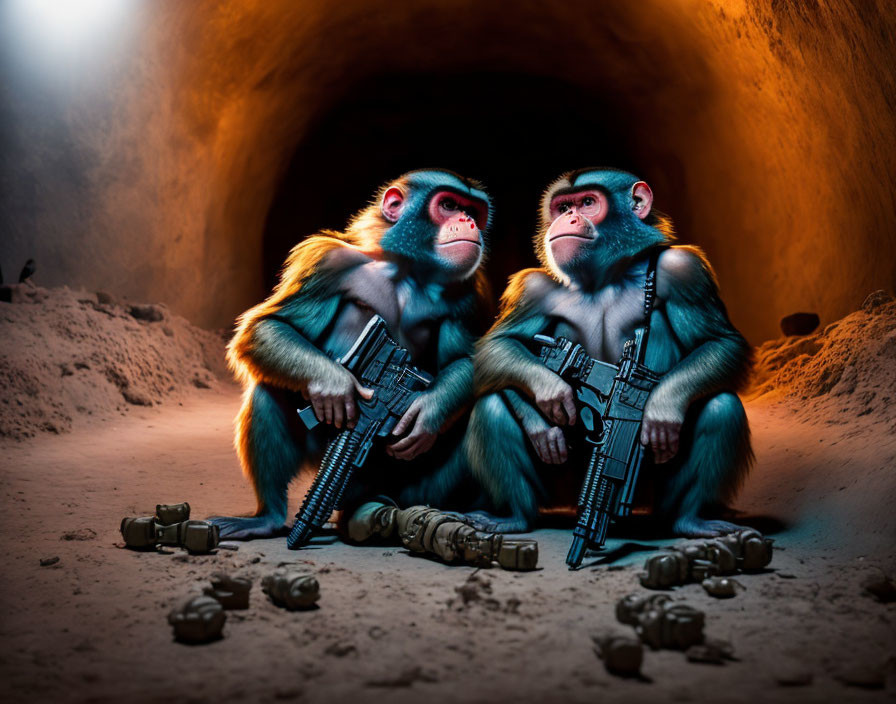 Colorful-faced monkeys with guns in dimly lit tunnel