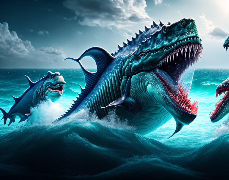 Three monstrous sea creatures in digital artwork emerge from stormy ocean.