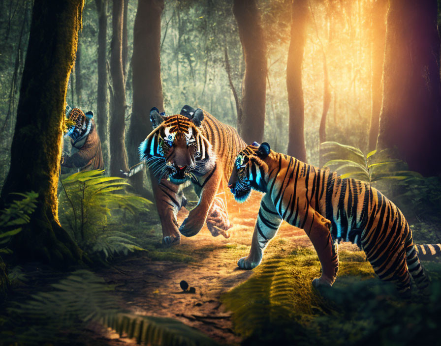 Three Tigers in Sunlit Forest Scene