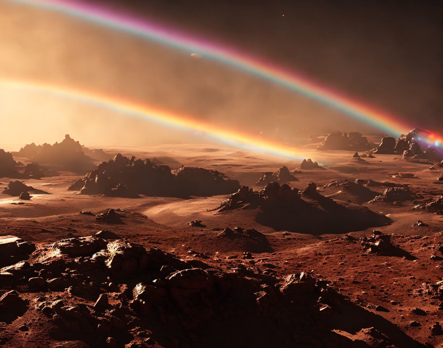 Vivid rainbow over rocky Mars-like landscape with orange hue