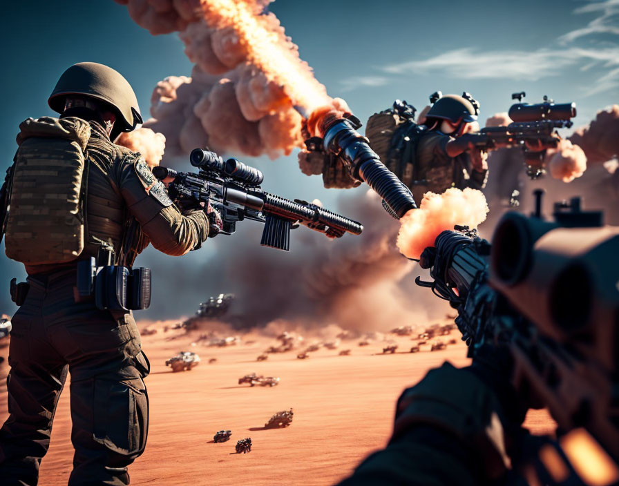 Soldiers in combat gear firing rifles amid explosions on dusty desert battlefield