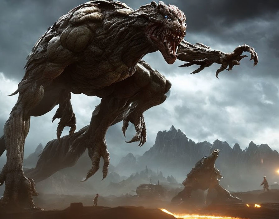 Giant monster with rock-like hide and claws in dystopian landscape