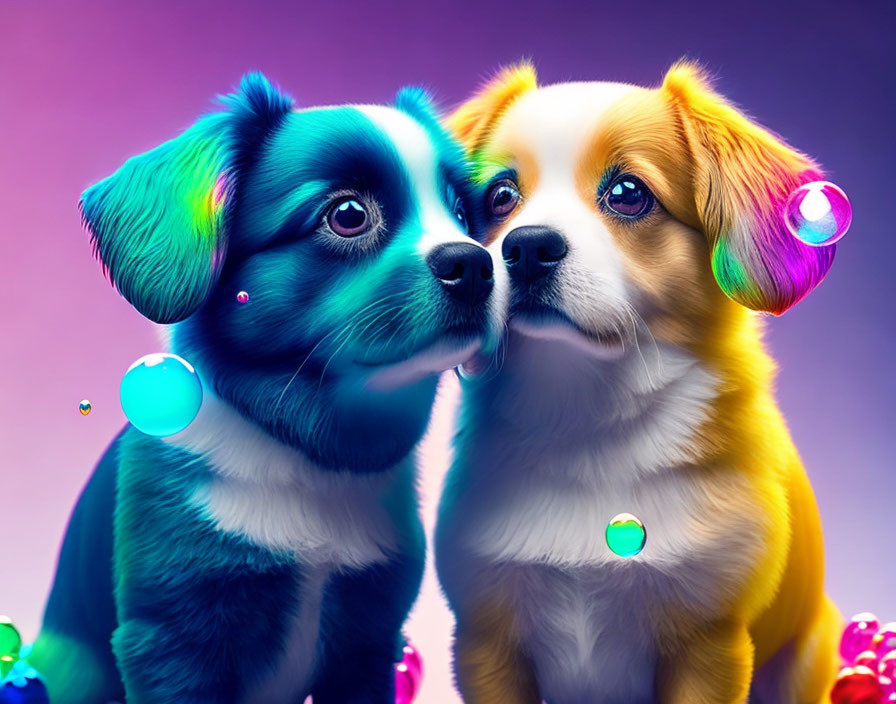 Colorful stylized dogs with glossy coats in dreamlike setting.