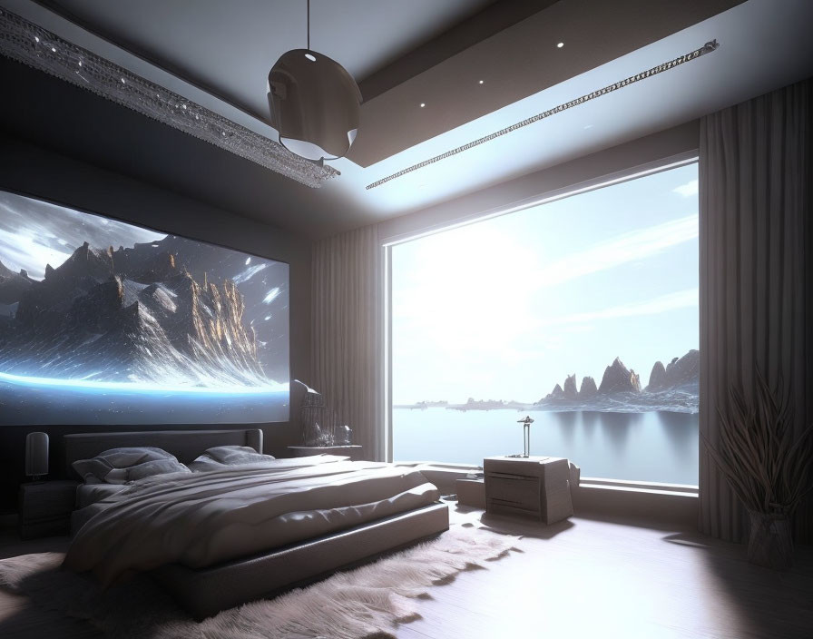 Spacious modern bedroom with large bed, scenic window view, projector screen, and minimalistic decor.