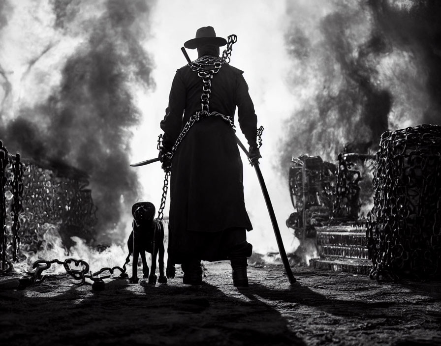 Monochrome silhouette with person in hat and sword, dog, mist, and chains