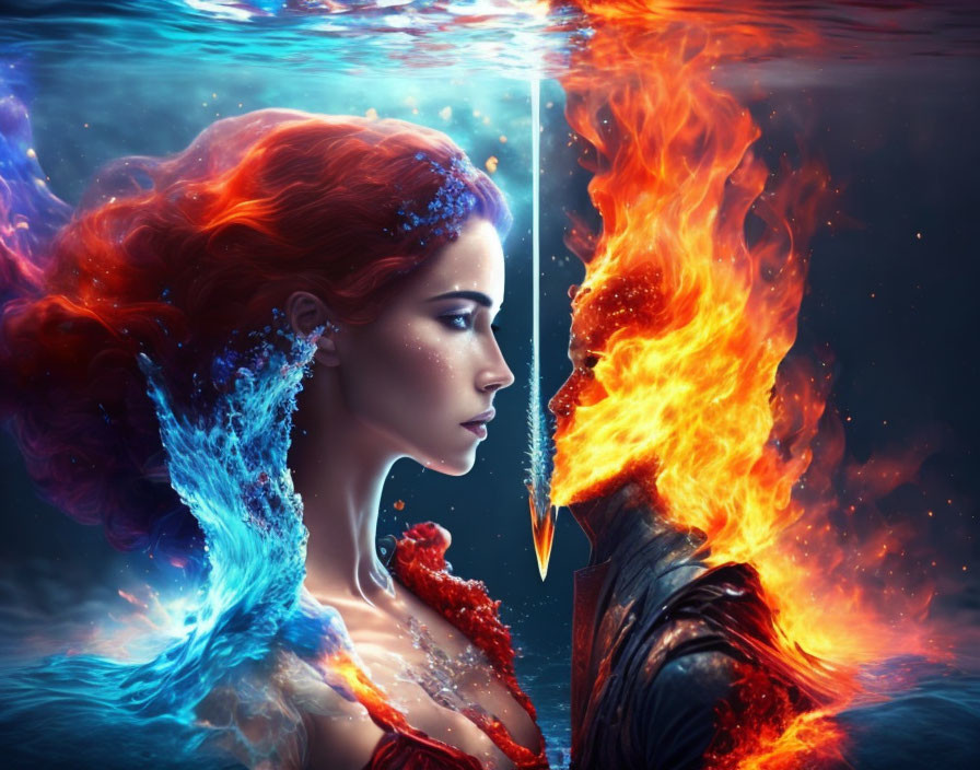 Digital Artwork: Two Profiles in Blue Water and Orange Flames