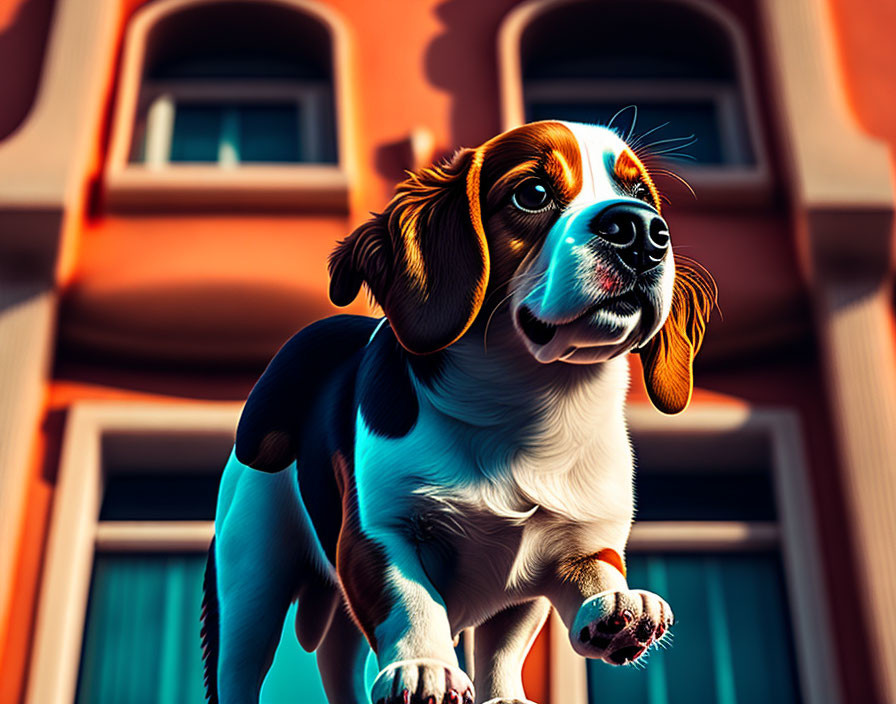 Curious beagle illustration in front of a building with sunlight shadows