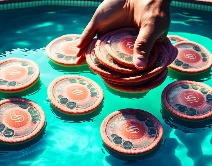 Hand stacking dollar sign floaties on reflective pool surface