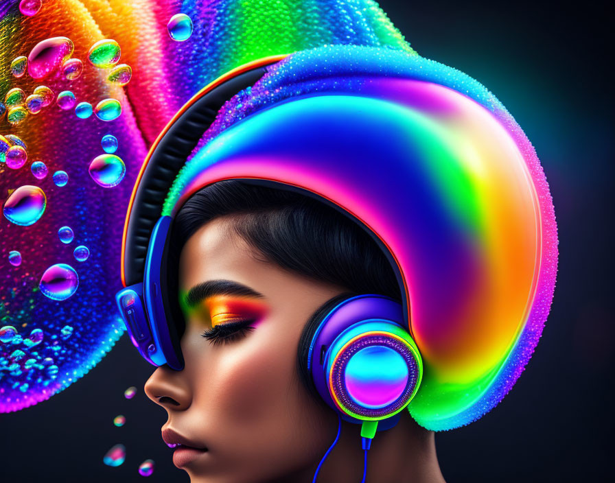 Colorful Makeup Woman with Headphones Surrounded by Iridescent Bubbles