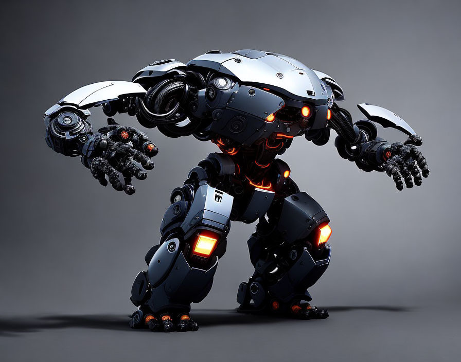 Futuristic multi-limbed robot with glowing red joints on grey background