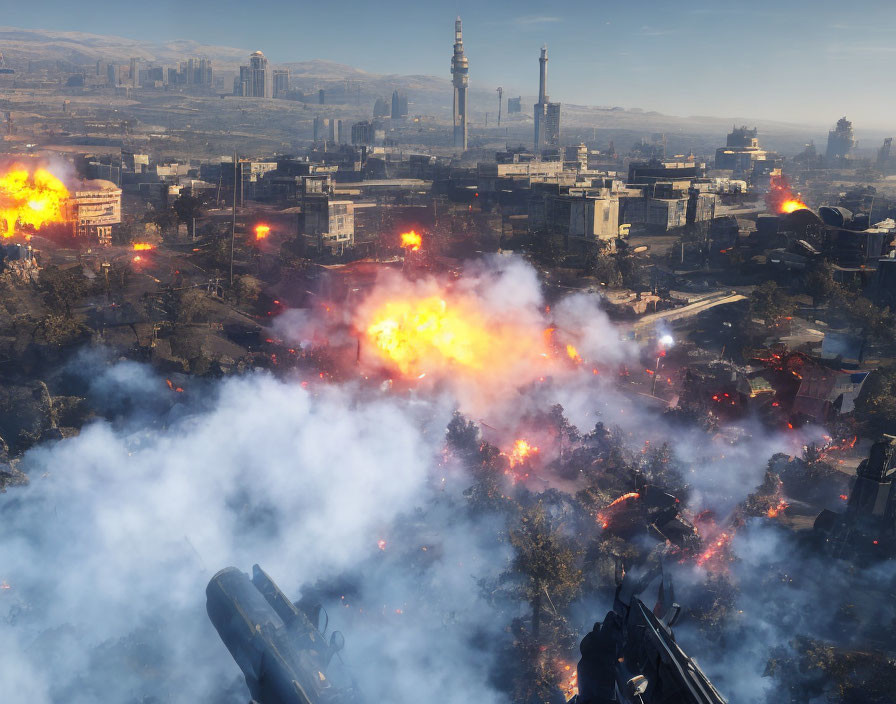 City under siege: Explosions, smoke, damaged buildings, anti-aircraft guns.