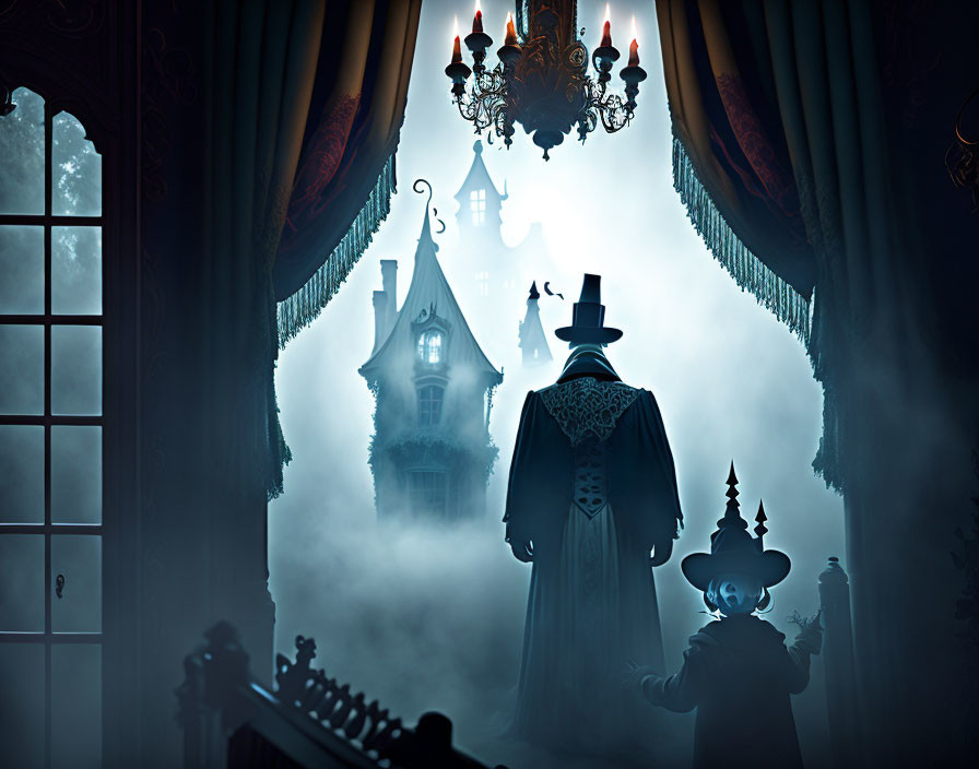 Mysterious figure in top hat outside Gothic mansion with chandelier and draped window
