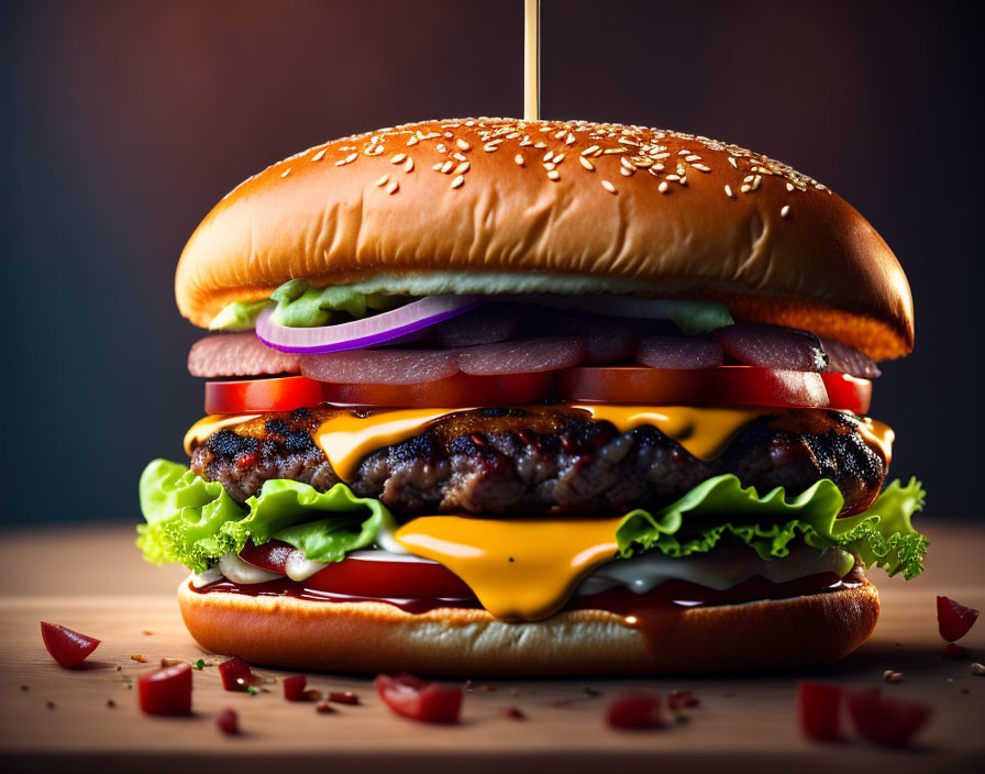 Double Cheeseburger with Sesame Bun, Lettuce, Tomatoes, Onions, Melt