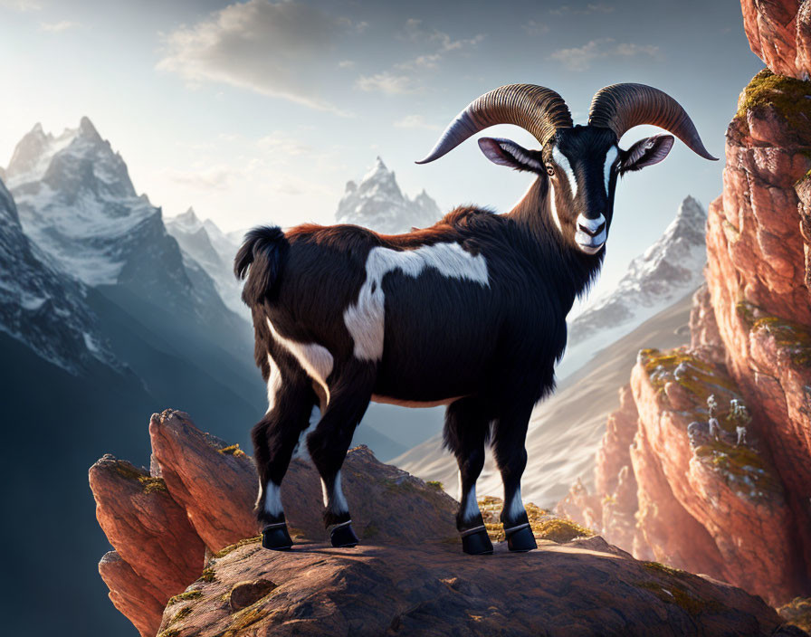 Majestic mountain goat on rocky outcrop with snow-covered peaks