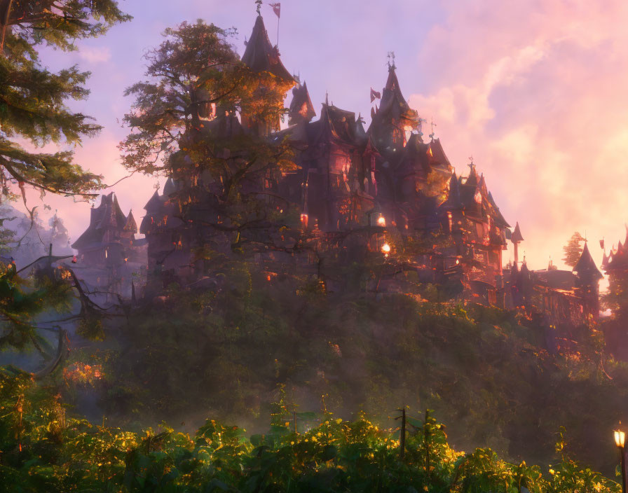 Majestic castle in lush forest at sunset