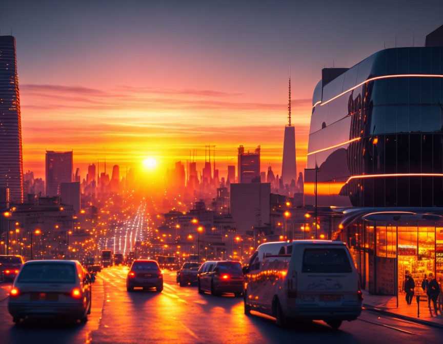 Sunset in busy city 