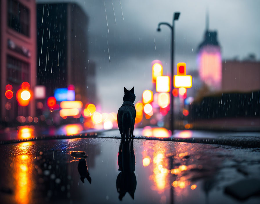 Solitary cat overlooking cityscape in rain under glowing lights