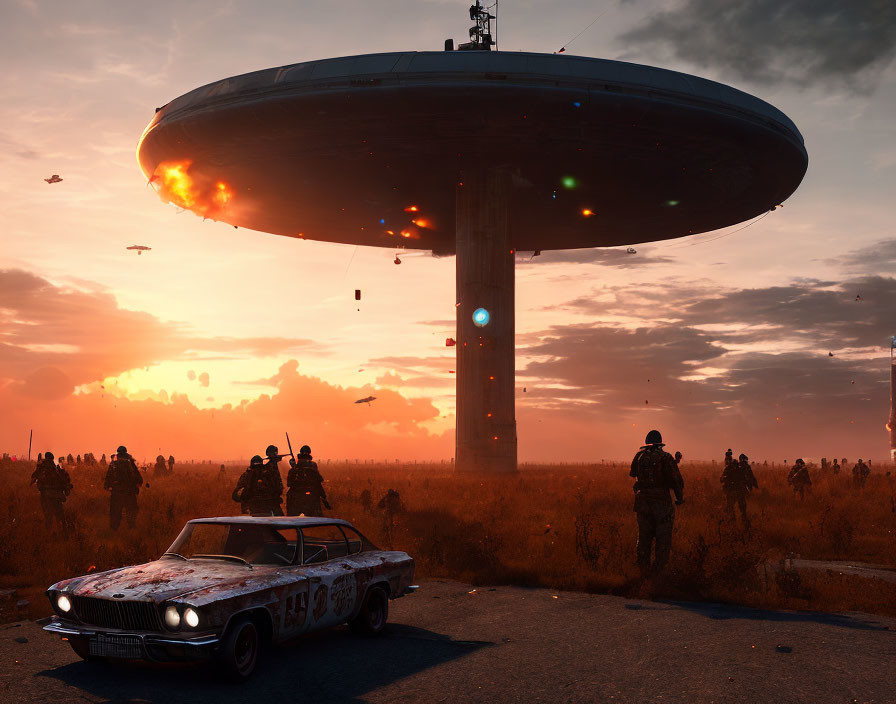 Soldiers, old car, and alien spaceship in fiery sunset scene