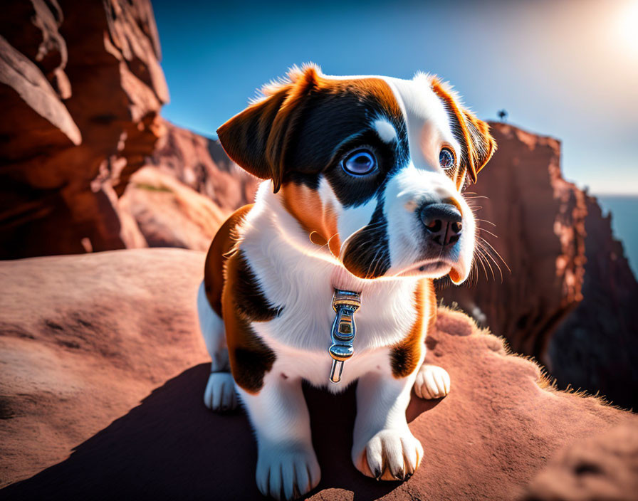 Brown and White Fur Puppy on Rocky Ledge with Canyon Backdrop
