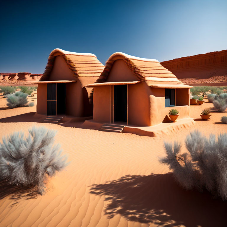 Contemporary desert architecture with wavy roofs in sandy landscape