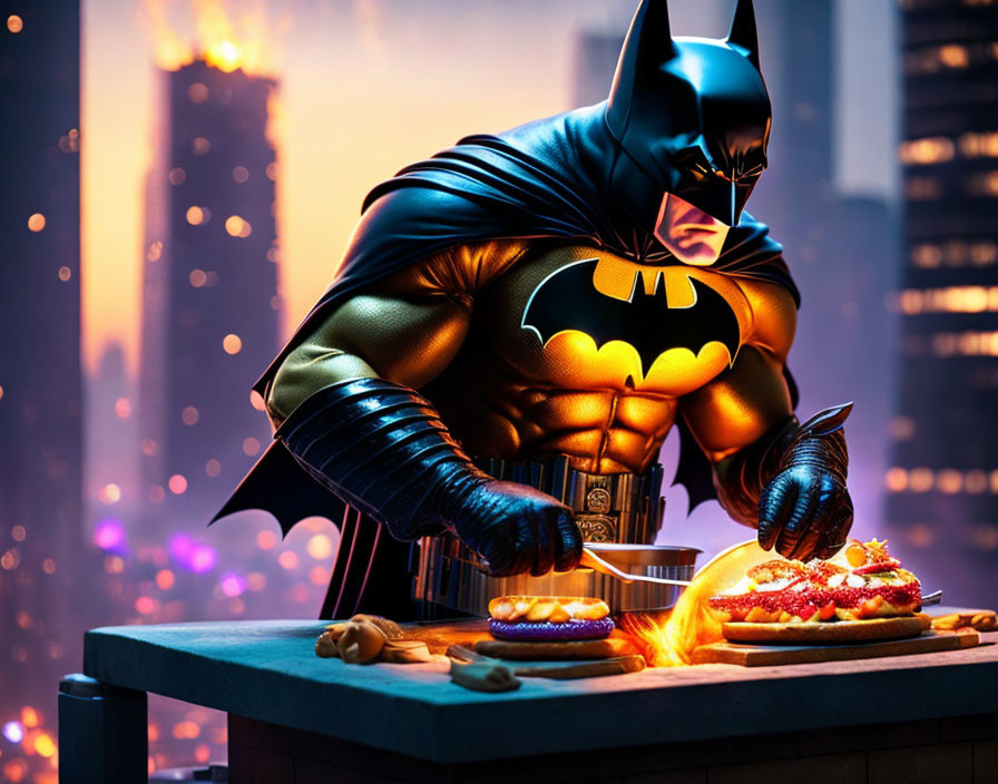 Batman cooking food on a rooftop.