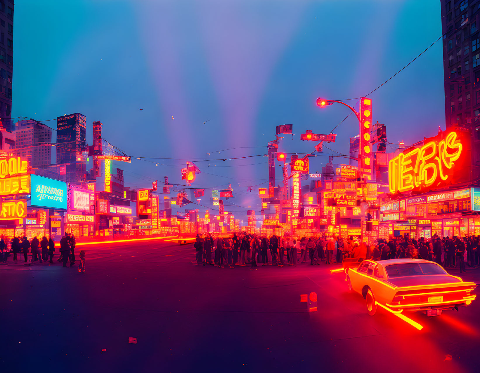 Vibrant neon-lit cityscape at twilight with classic car and bustling crowd