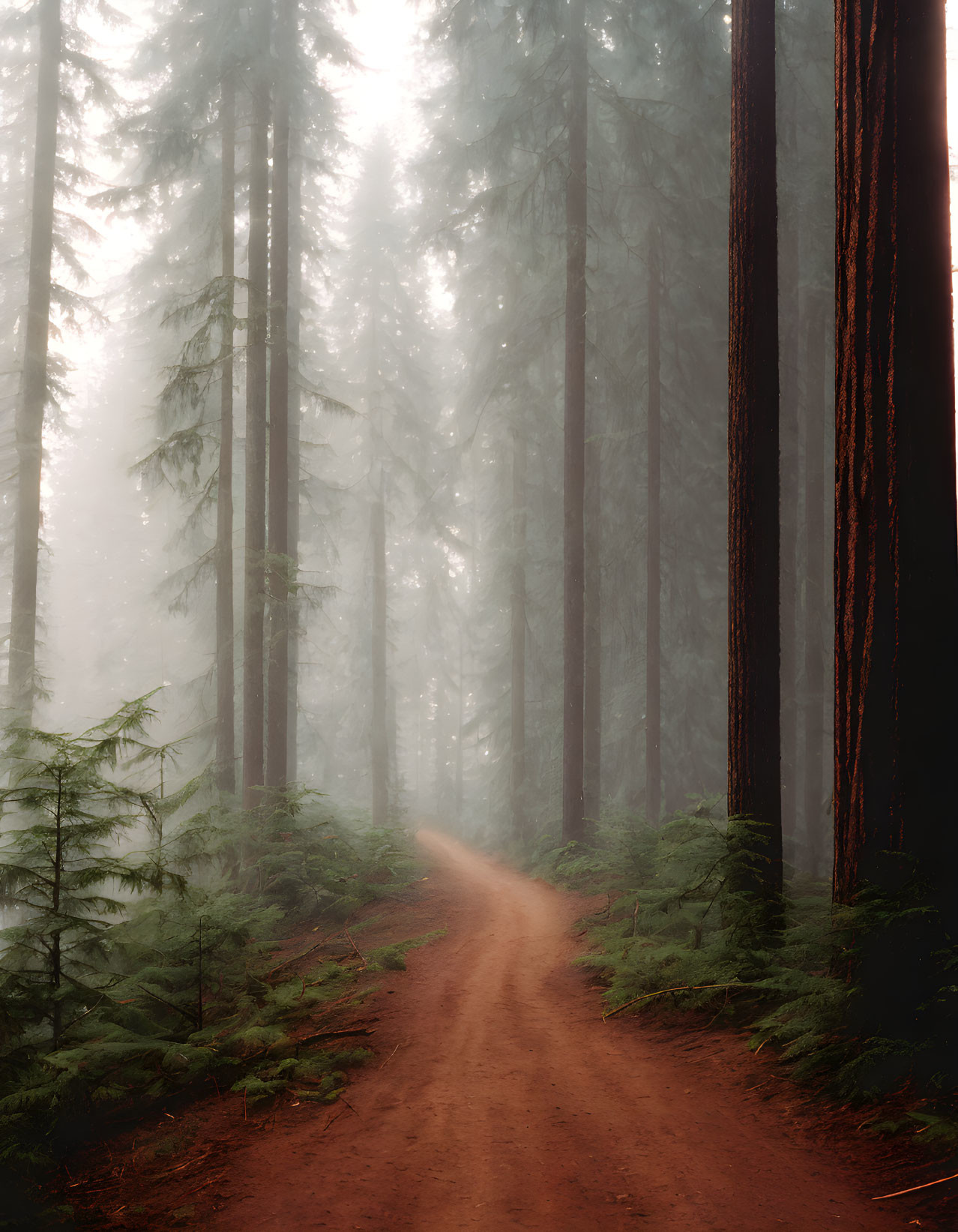 Tranquil forest path with misty towering trees
