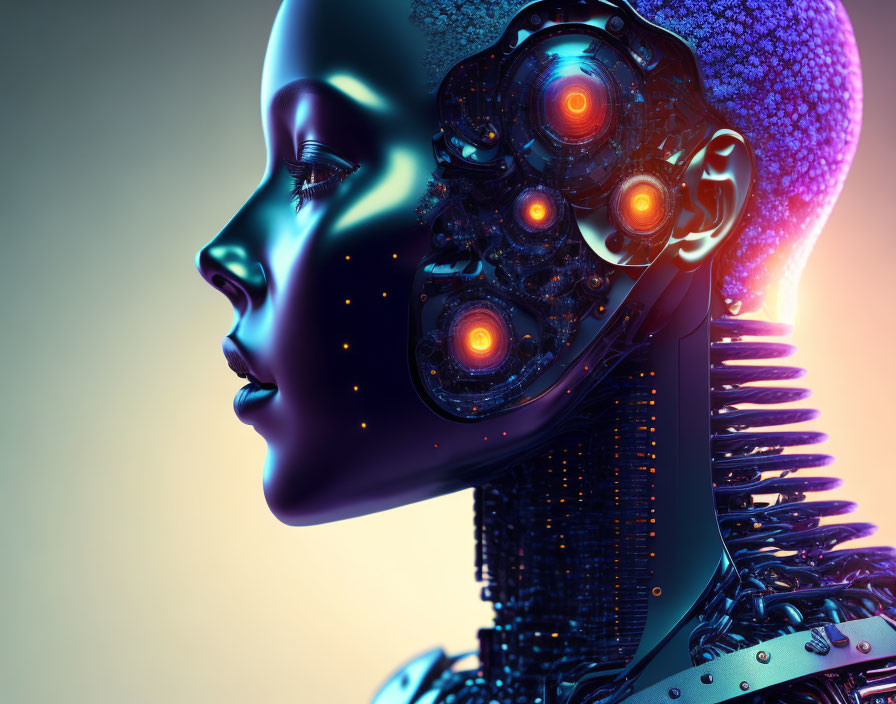 Female cyborg with glowing orange lights and intricate mechanical parts on gradient background
