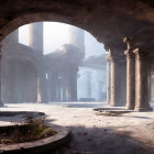 Ethereal abandoned hall with dusty columns and broken staircase